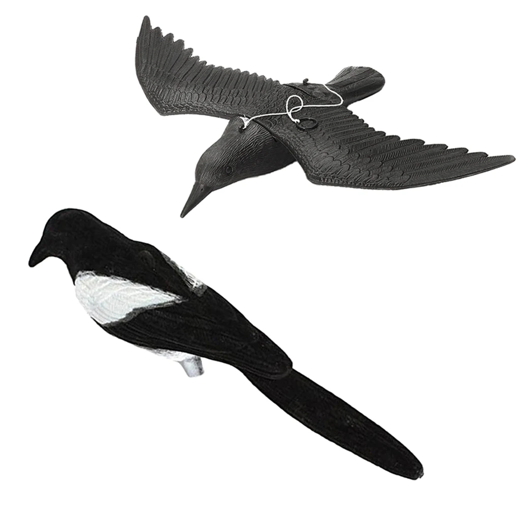 2Pcs Fake Bird Decoy Kit Flying Crow and Magpie Decoy Bird Deterrant, Garden Fake Bird Hunting Decoy Scarers