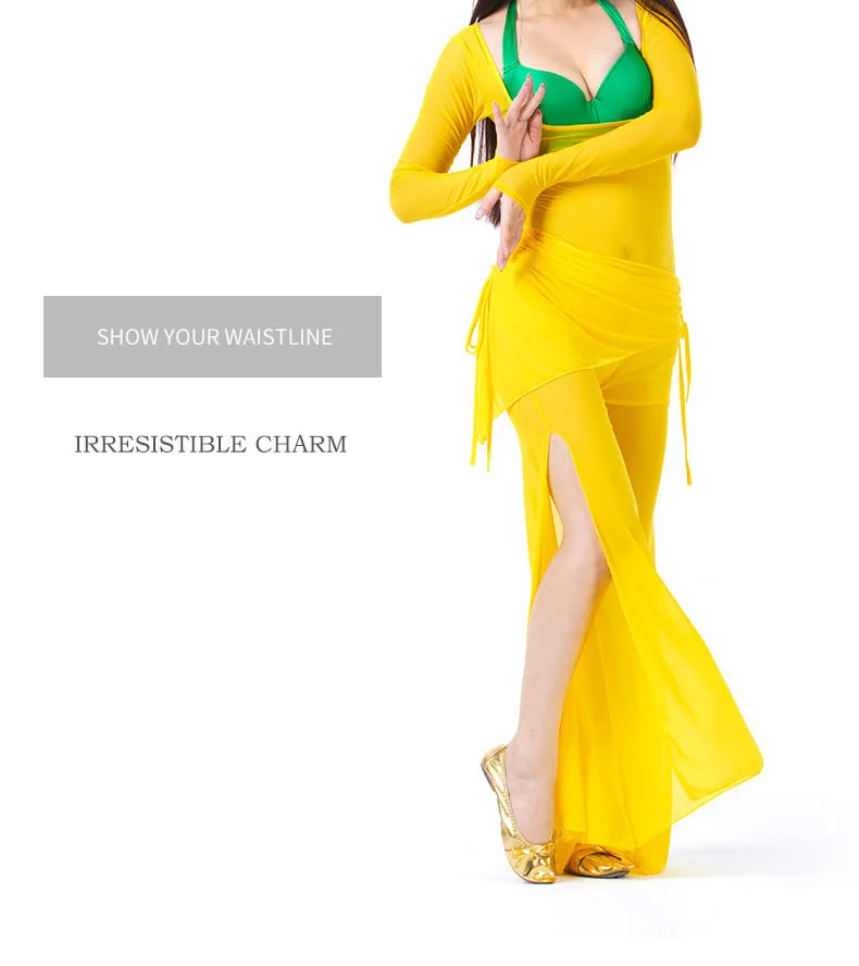 Women Sexy Belly Dance Costume Long Sleeve Mesh Suit Belly Dance Sets Autumn Winter Dance Long Pants Split Perspective 10 Colors