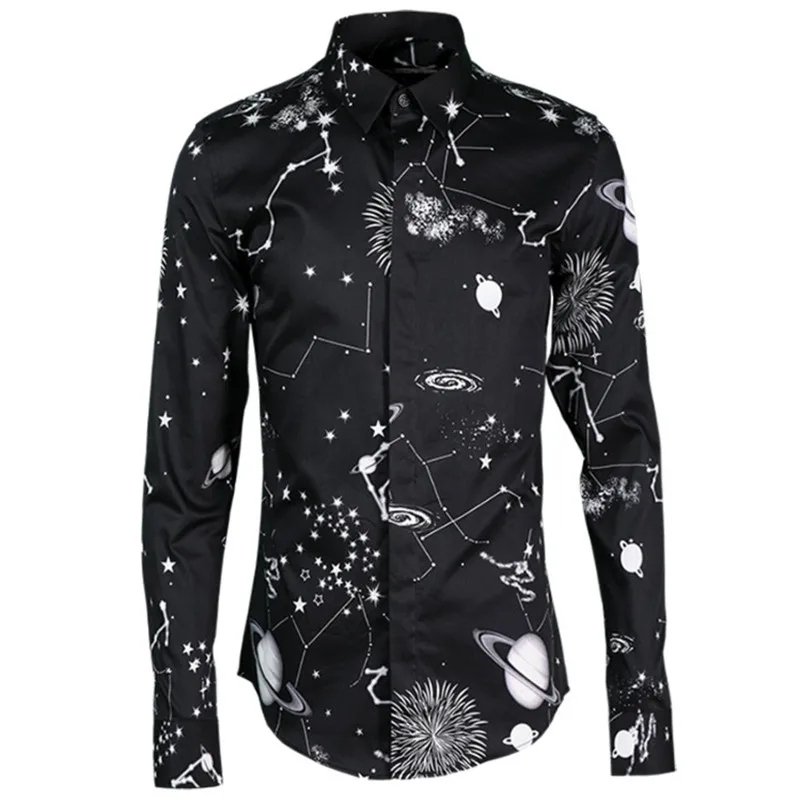 Черная рубашка с принтом Галактики, мужская рубашка Camisa Masculina, роскошные Брендовые мужские рубашки с длинными рукавами, уличная Мужская рубашка в стиле кэжуал