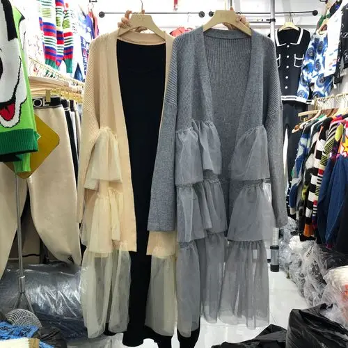 gray Neploe женский длинный вязаный кардиган сетка марлевые Лоскутные гофрированные с длинным рукавом Свободная куртка корейский свитер пальто открытый стежок 54831 - Цвет: gray