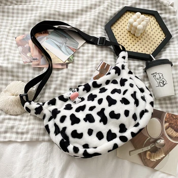 

Women Plush Cow Printed Chest Bag Casual Street Crossbody Pouch Female Shoulder Bags