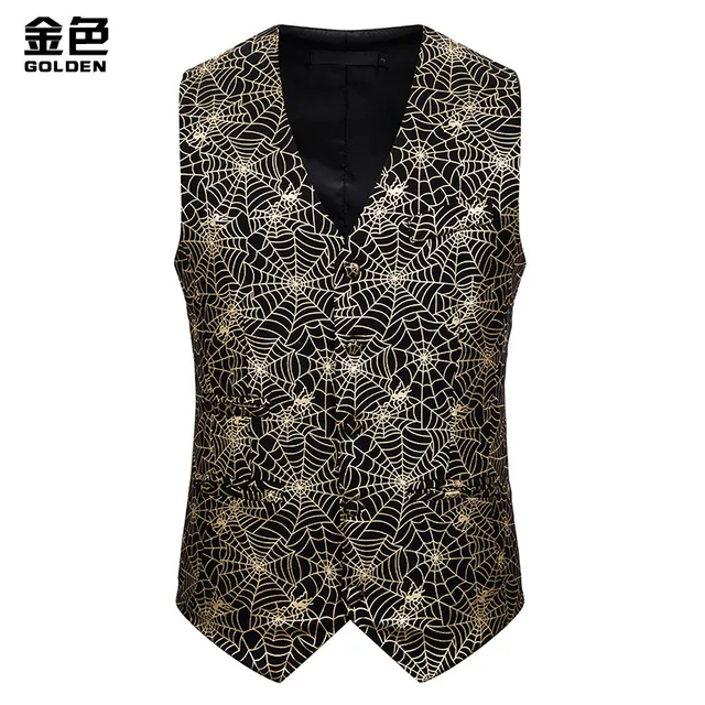 Spider  Gold Print Vest Men Hipster Club Party Prom Vests Waistcoat
