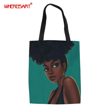 

WHEREISART Black Art African Girl Prints Tote Shopping Bags for Women 2019 Shoulder Bags Female Casual Tote Bags