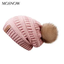 Зимняя Женская Вязаная Шапка-бини, Женская Полосатая кожаная теплая шапка с меховым помпоном, модная плотная шапка Skullies Beanies