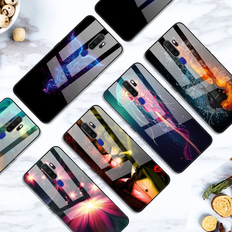 Закаленное стекло Чехол для OPPO A9 Case Жесткий ПК Красочная задняя крышка Для OPPO A9 Чехлы Бампер OPPO A9 A9 Чехол для телефона
