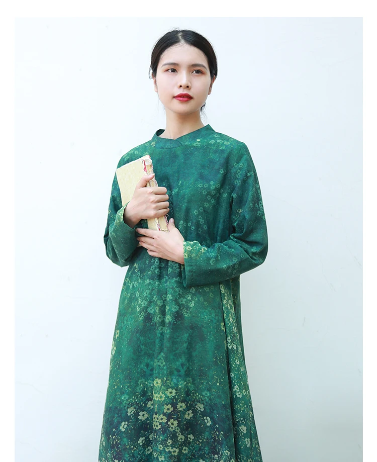 LZJN 2019 Women Autumn Long Sleeve Dress Floral Printed Belt Waist Long Dress Vestido Loose Robe with Pockets and Cotton Lining (13)
