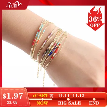 

CSJA Pulseras Miyuki Bracelets for Women Beads Adjustable Bracelet 2-layer Cute Mini Delica Jewelry Gold Color Link Chain S187