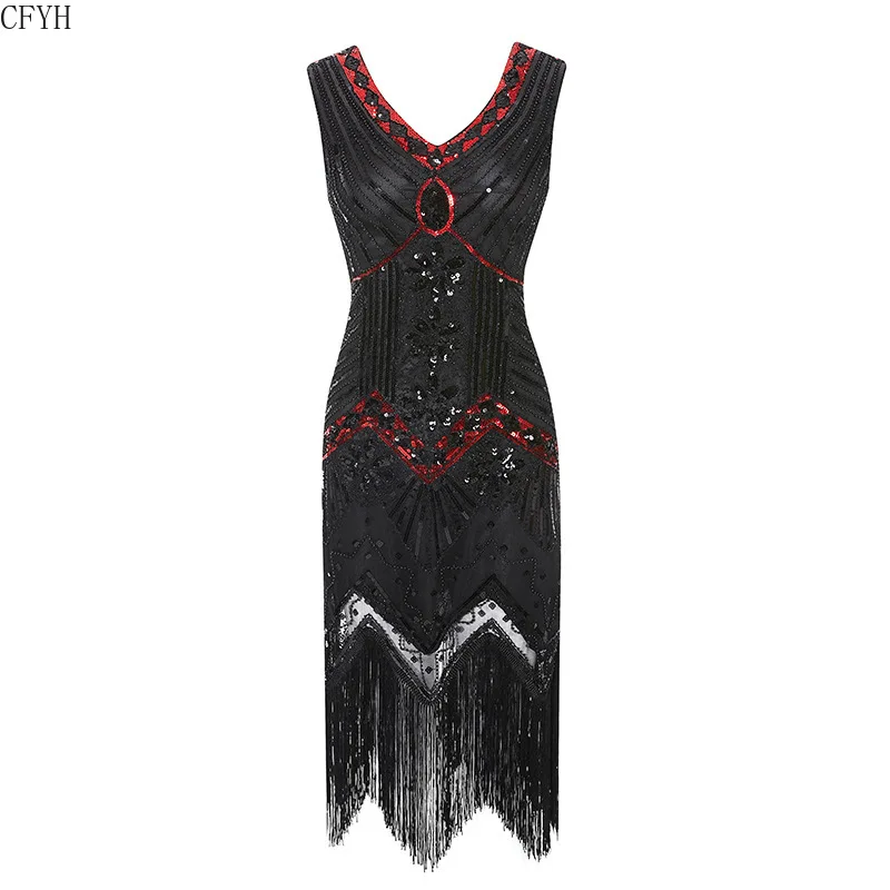 Online Plus Größe 4XL Great Gatsby Party Kleid Frauen 1920s Kleid Sexy V ausschnitt Stickerei Fringe Pailletten Perlen Quasten Hem Flapper kleid