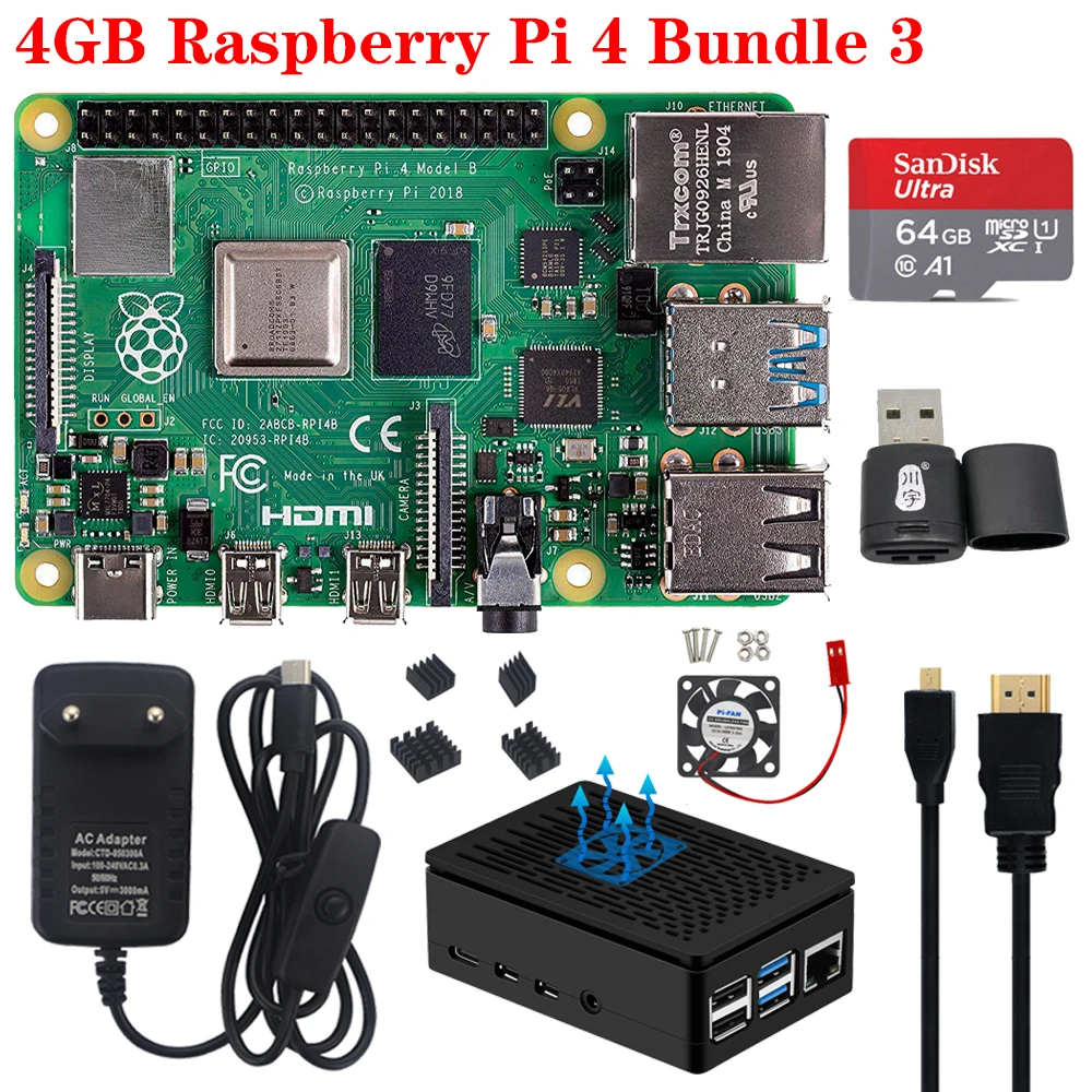 Raspberry Pi 4 Модель B комплект+ ABS чехол+ вентилятор или 3,5 дюймовый сенсорный экран+ 3A type-C Блок питания+ радиатор для Raspberry Pi 4 4B - Комплект: Комплект 3