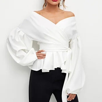 

Women Sexy Off Shoulder White Shirts Tunic High Waist Lace Up Lantern Long Sleeve Fashion Ladies Ruffle Peplum Blouse Shirt Top