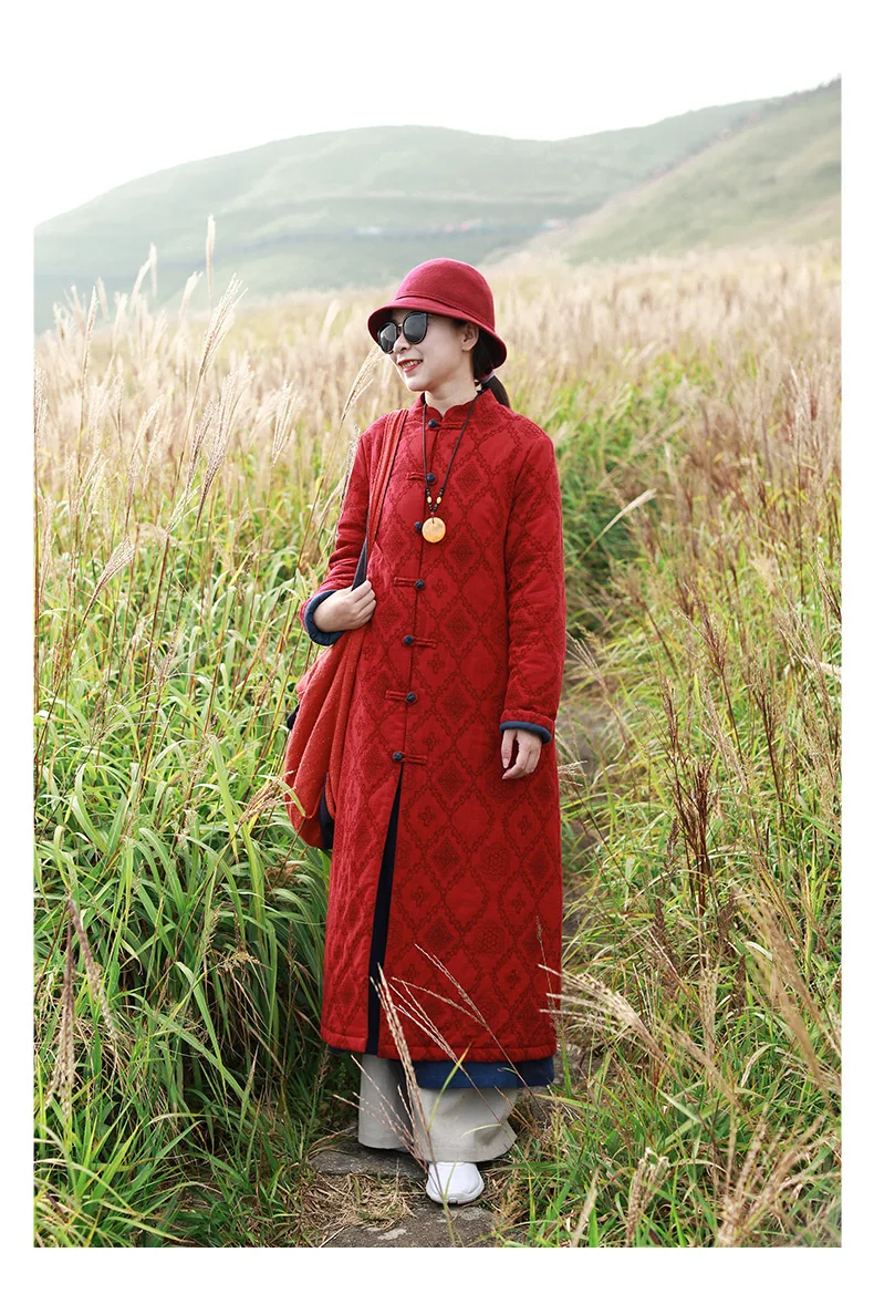 LZJN 2019 Winter Jacket Women Stand Collar Quilted Overcoat Long Chinese Parka Jacquard Autumn Coat Pocket Winterjas  (19)