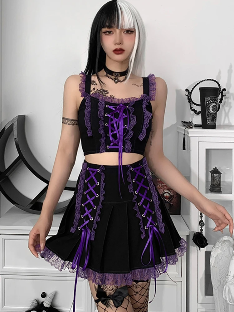 InsGoth Mall Goth Sexy Lace Up Camis Y2K Aesthetic Punk Backless Spaghetti Straps Tops High Waist Bandage Mini Skirts 2pcs Sets plus size pants suits evening wear