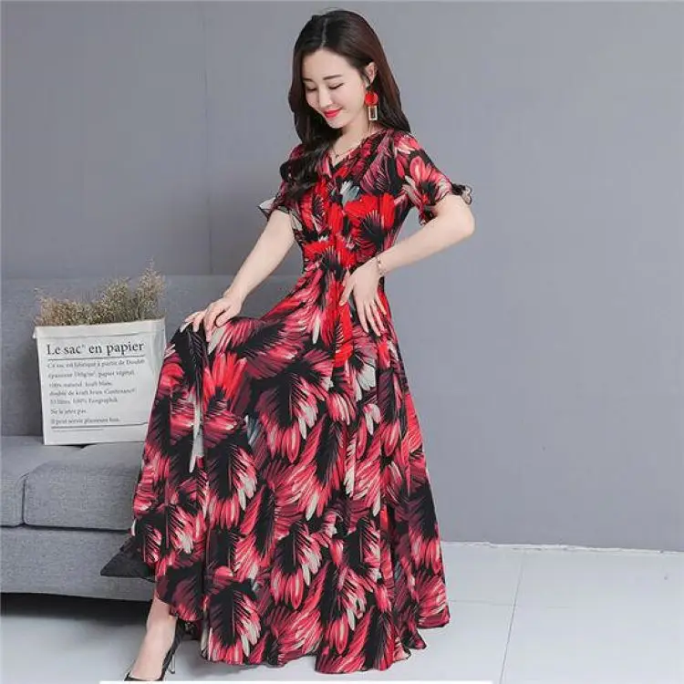 

2019 New Style Summer Elegant Waist Hugging Slimming V-neck A- line Skirt Sub-Casual Long Large Sway Floral Dress Women's