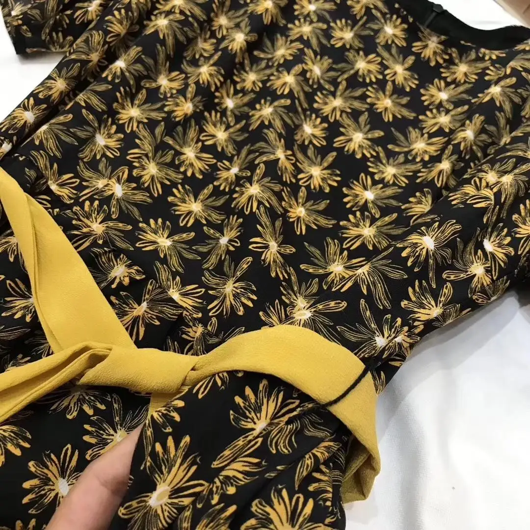 new ladies fashion short-sleeved round neck belt print dress 0906