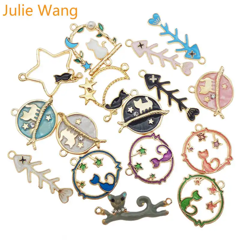 Julie Wang 10 шт. эмалированные кошачьи Подвески в виде рыбьей кости случайный смешанный сплав золотой тон ожерелье браслет серьги ювелирные изделия изготовление аксессуаров