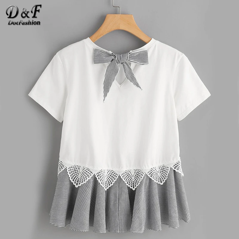 Online Camiseta de cuello redondo de manga corta de algodón de encaje blanco 2019 con dobladillo y lazo a rayas de Dotfashion