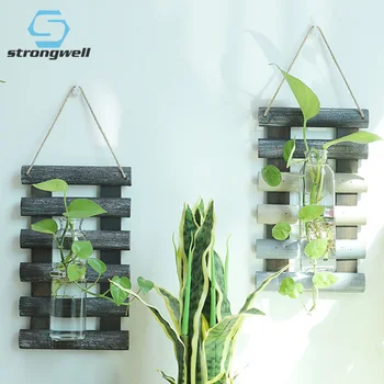 

Strongwell American Wood Board Hydroponic Glass Flower Vase Green Plant Wall Hanging Nordic Home Wall Decoration Crafts