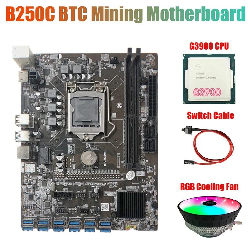 B250C Mining Motherboard with RGB Cooling Fan+G3900 CPU+Switch Cable 12 PCIE to USB3.0 GPU Slot LGA1151 Support DDR4 RAM | Компьютеры и