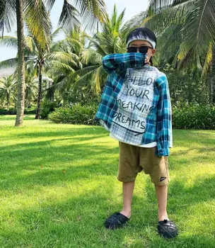 

2020 June 10th boys shirt Graffiti design plaid patchwork fashion baby boys shirt
