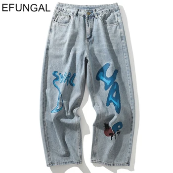 

EFUNGAL Wide Leg Casual Jean Pants Men Harajuku Streetwear 2019 Autumn Hip Hop Denim Designer Trousers Letter Print Blue Jeans