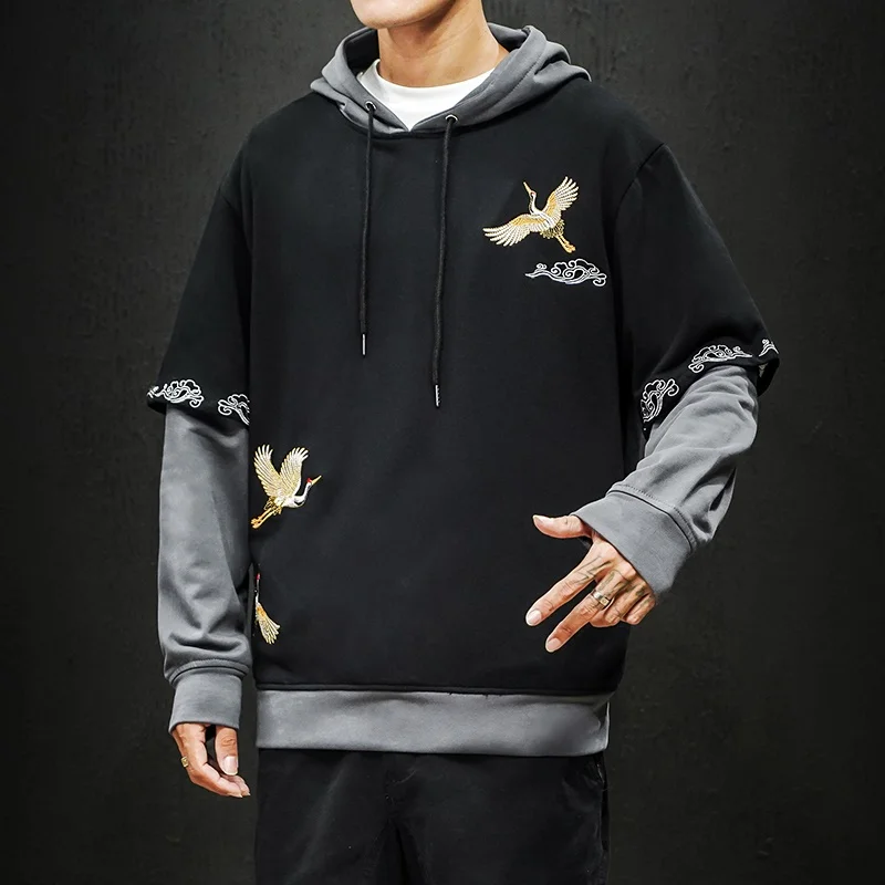 Тонкие толстовки с вышивкой китайского Журавля пуловер свитшоты капюшоном осень