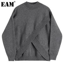 [EAM] Gray Big Size Irregular Knitting Sweater Turtleneck Long Sleeve Women Pullovers New Fashion Autumn Winter 2021 1DE2438