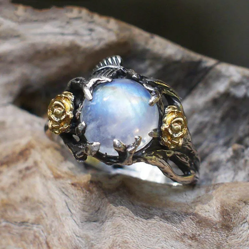 Античный посеребренный лист дерева натуральный лунный камень каменное серебряное кольцо серебряные обручальные кольца для женщин ювелирные изделия