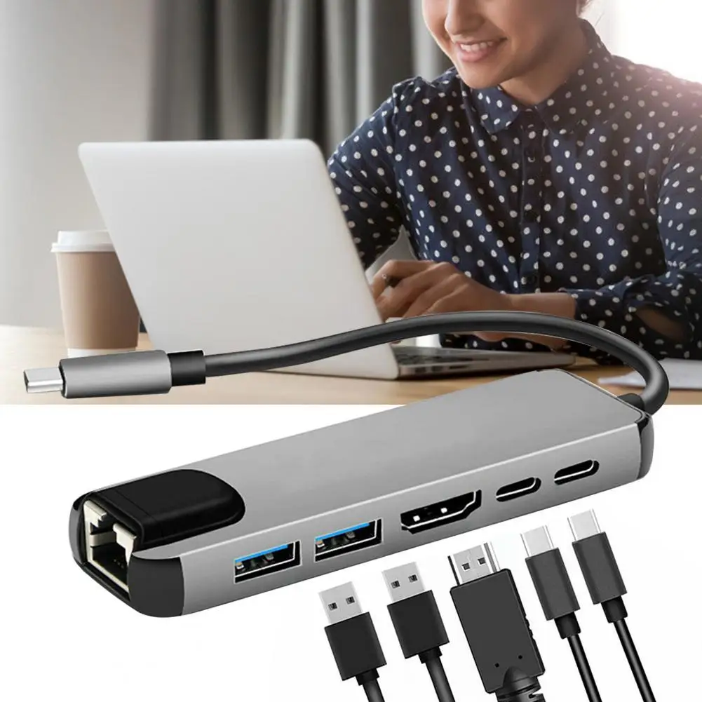 

USB-C Hub Portable Multi-port 6-in-1 Type-C Adapter with 4K HDMI-compatible RJ45 Ethernet Lan for Nintendo Switch