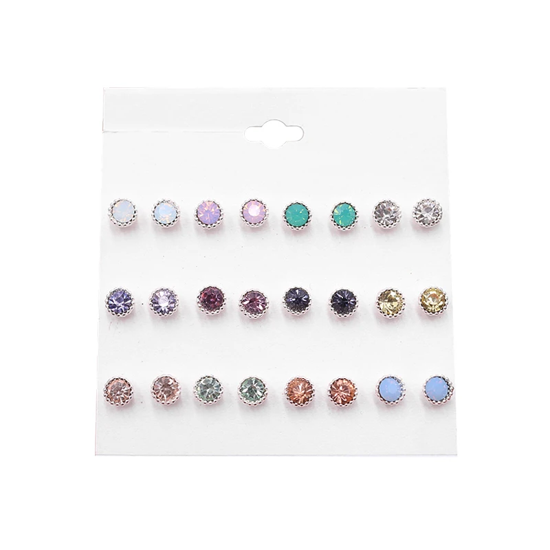

Fashion Austrian Rhinestone Charm Sliver Color Colorful Round Stud Earrings Set For Women Girl Round Piercing India Jewelry Gift