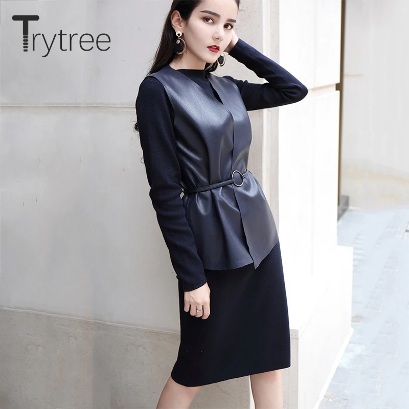 Trytree Осень Зима Женский комплект из двух частей Повседневный однотонный пояс жилет+ платье водолазка трикотажный комплект до колен комплект из 2 предметов
