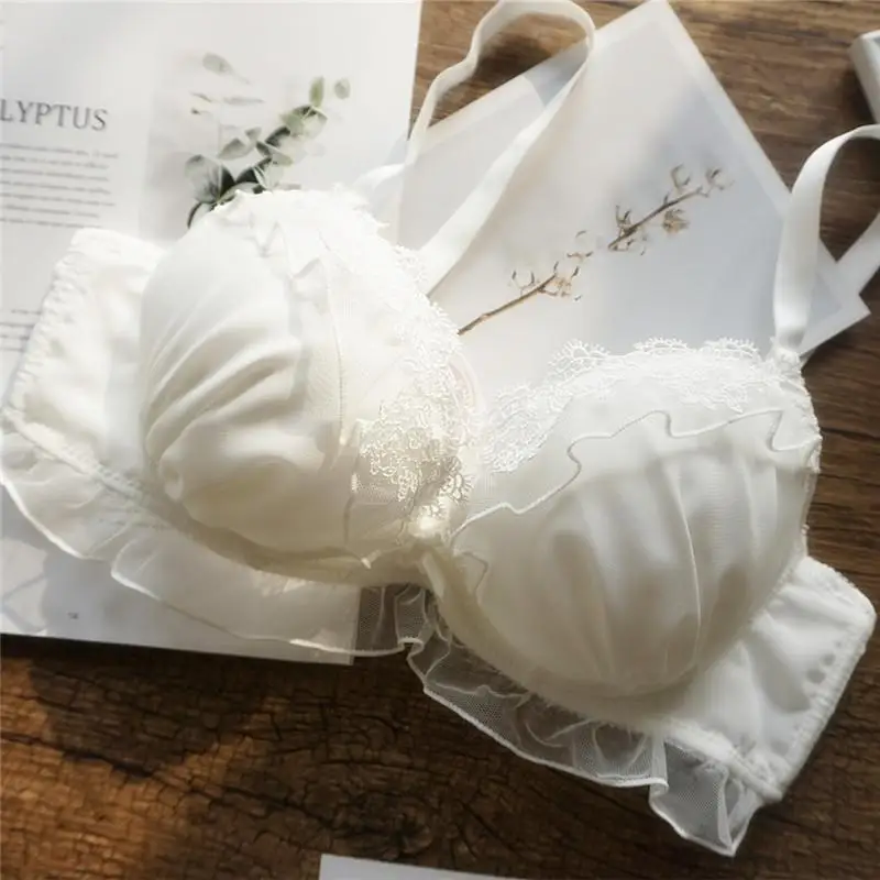 Sweet Girl Sexy Lingerie for Small Chest See Through Bra and Panty Set Ruffle White Chiffon Bra Brief Thong Sets Underwear Women