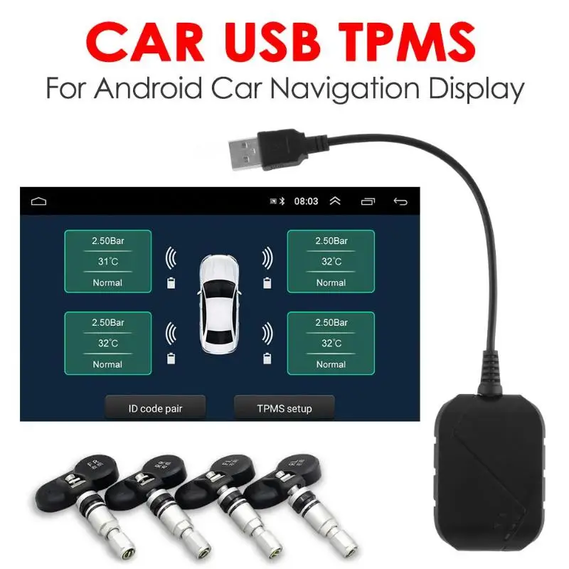USB автомобильная система контроля давления в шинах для Android навигации с 4 датчиками, поддерживающими автоматическое обнаружение бега