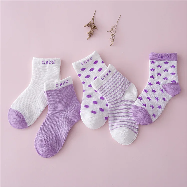 Hylidge/5 пар/лот, весенне-летние хлопковые носки для маленьких девочек детские короткие носки для мальчиков детские носки в полоску со звездами для новорожденных до 6 лет - Цвет: Purple