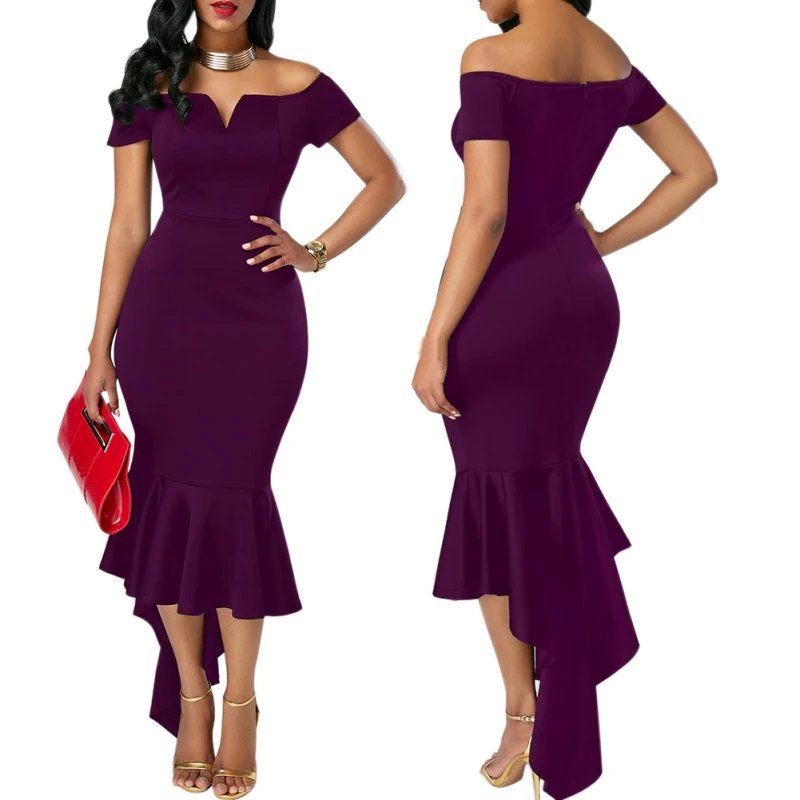 Женское платье-смокинг с v-образным вырезом и коротким рукавом, длинное Однотонное Платье макси с открытыми плечами для вечеринки, летний фрак, сарафан - Цвет: Фиолетовый