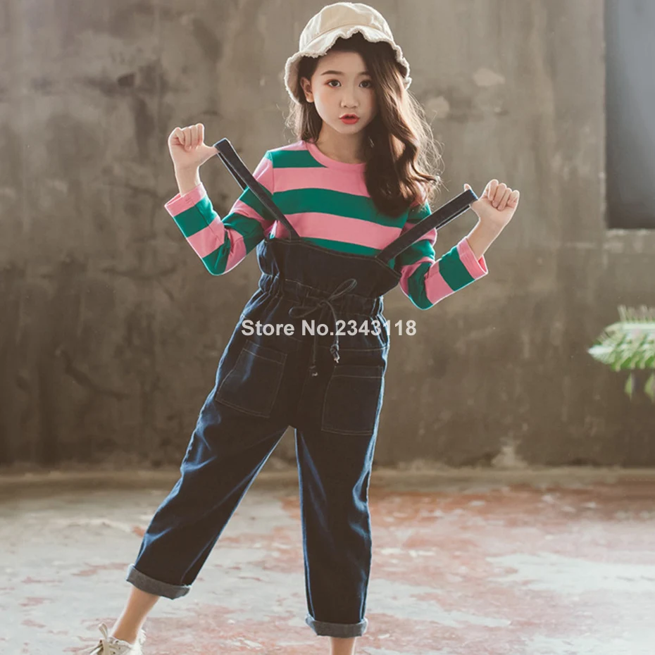 

Girls Clothes Set Striped Shirt+jumpsuit 2 Pcs Autumn Suit For Girls Casual Children's Set Winter Teen Girls Clothing 4-12 Years
