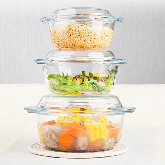 Heat-resistant Tempered Glass Bowl with Lid Transparent Microwavable  Cooking Glass Bowl Kitchen Soup Bowls Container