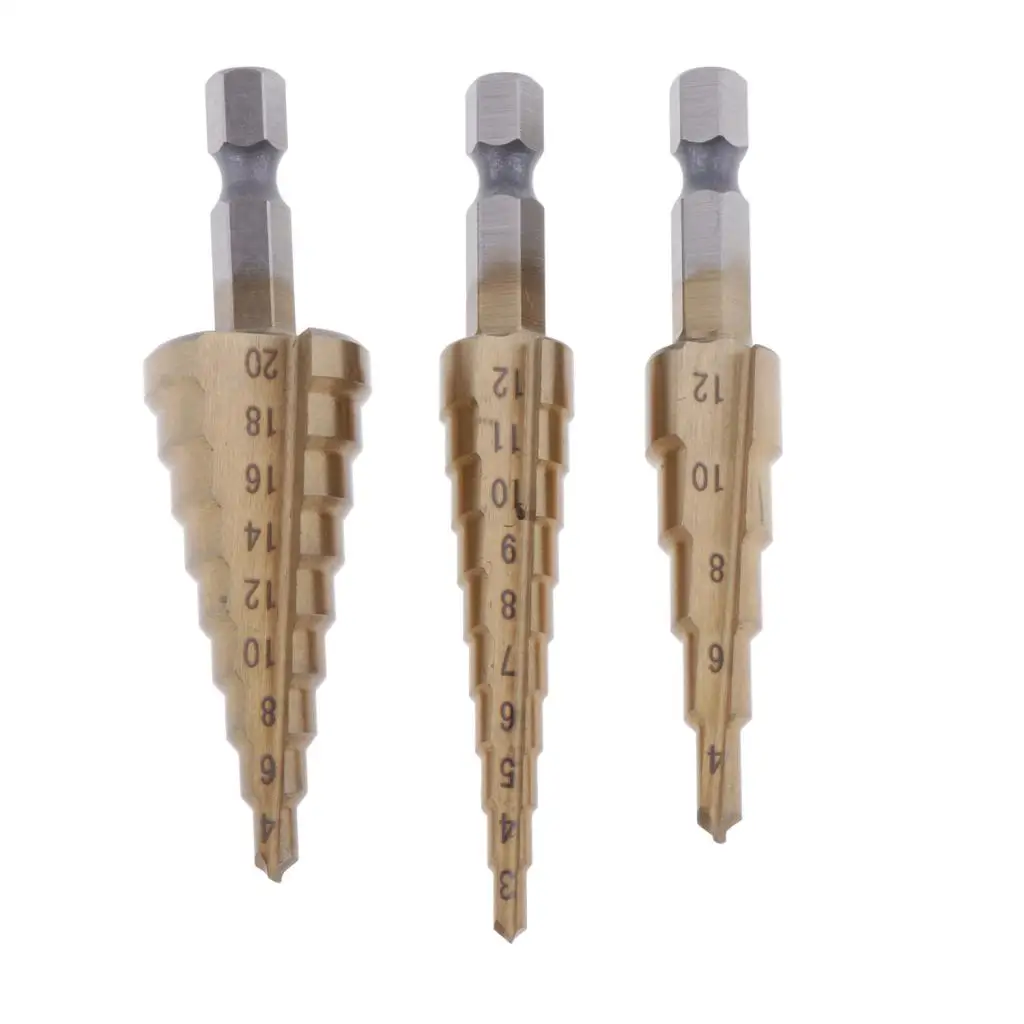 Set of 3 Titanium Step Drill Bit Set, High Steel, Total 3 Sizes, HSS Multiple Hole Drilling Cutting with Storage Bag