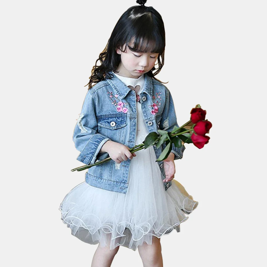 Girls Denim Jackets Flower Embroidery Coat Girl Full Length Children Jacket Outerwear Spring Autumn Clothing For | Детская одежда и