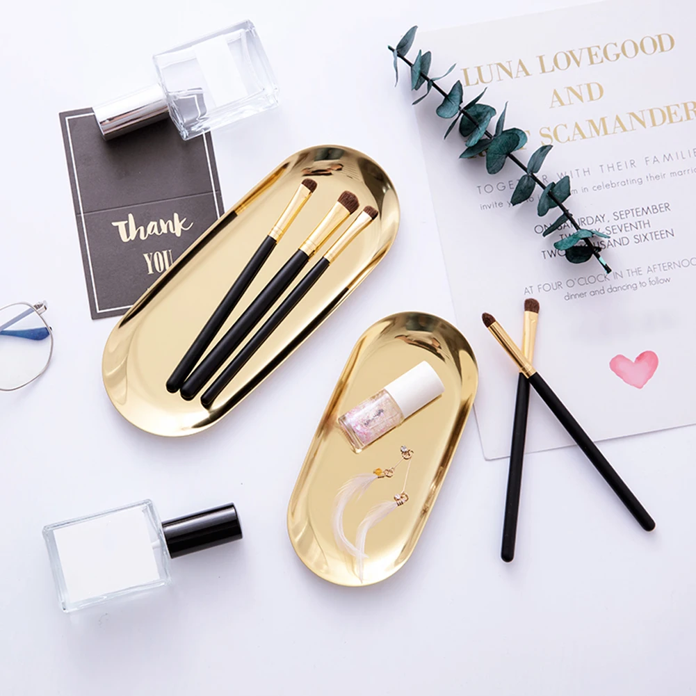 

Nordic Stainless Steel Storage Tray Luxurious Gold Silver Oval Plate Iron Fruit Dessert Plate Jewelry Tray Decorative L Size