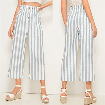 

hirigin Summer Women casual Striped Wide Leg Button loose pants female fashion Elastic Waist Casual pant ladies new Pants