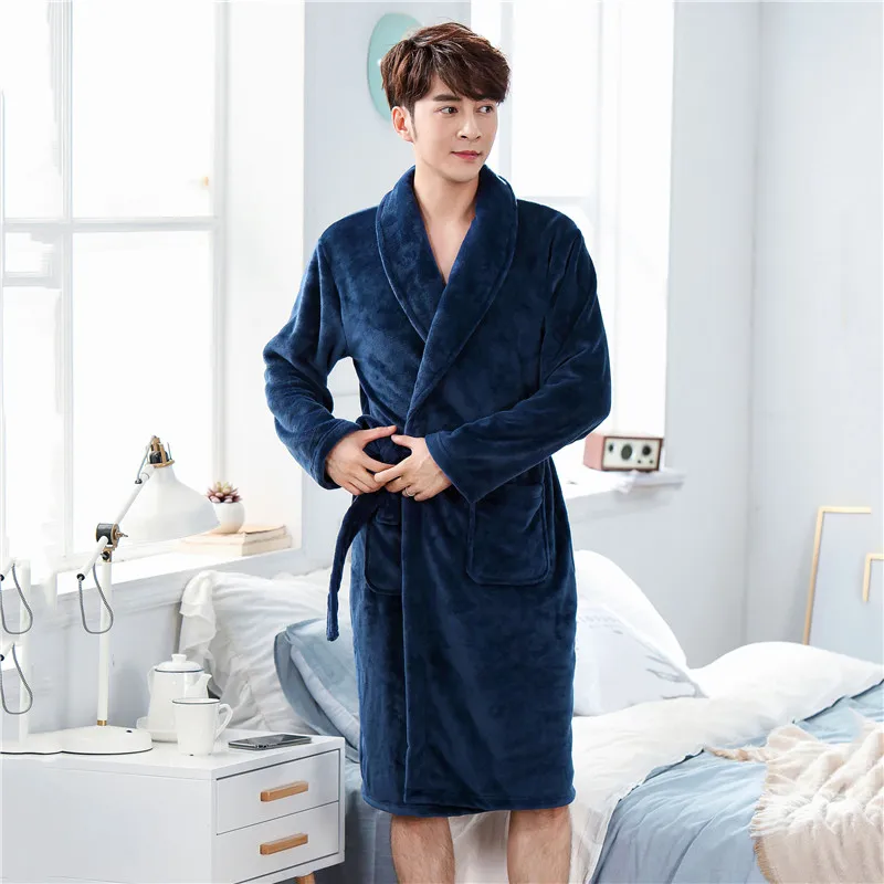 Men Casual Kimono Bathrobe Autumn Winter Flannel Long Robe Thick Warm Sleepwear Plus Size 3XL Nightgown Male Casual Home Wear
