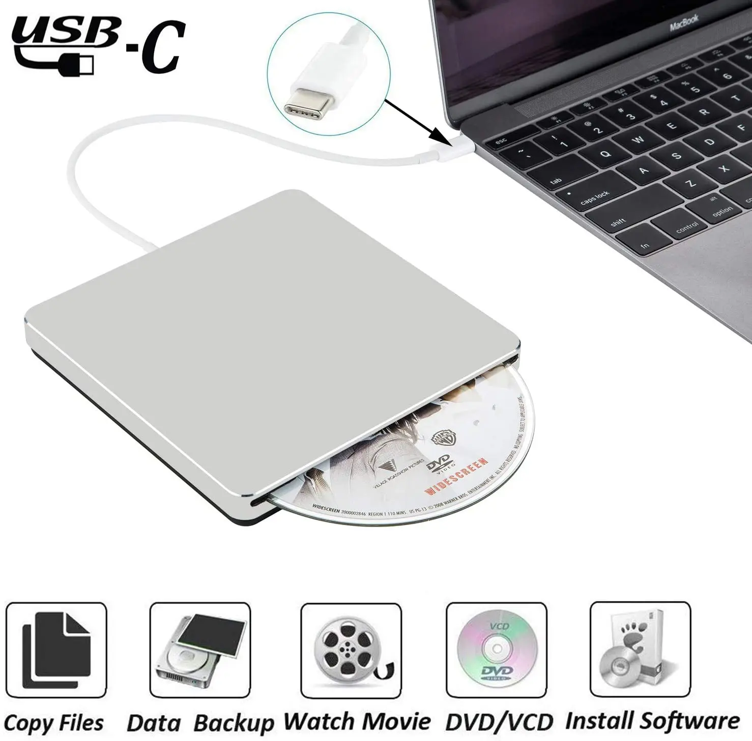 Unidad de grabadora de DVD externa, USB 3,0/Unidad óptica tipo C, reproductor de grabadora de CD/DVD +/RW con ranura delgada, USB C, Superdrive para Mac/ventana