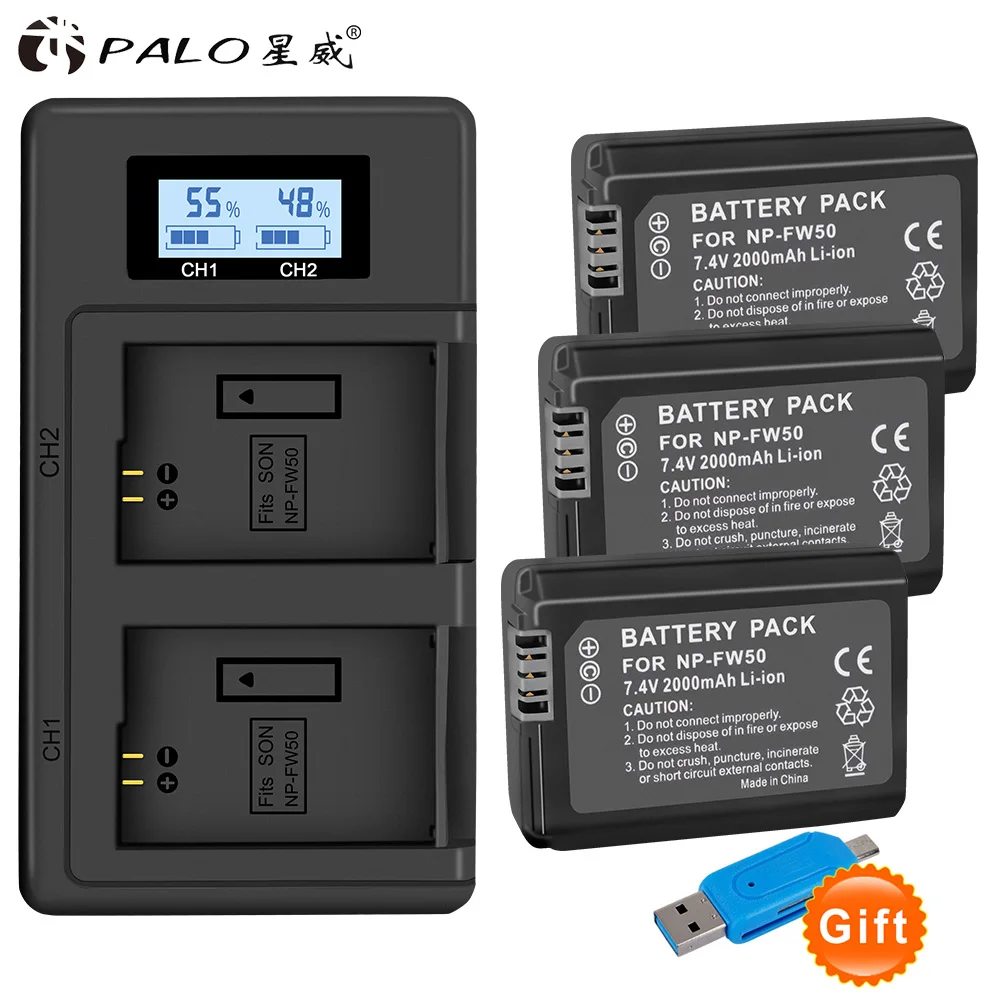 PALO 2 шт 2000mAh NP FW50+ USB Интеллектуальный ЖК-NP-FW50 зарядное устройство камера батарея для sony Alpha a6500 a6300 a6000 a5000 a3000 - Цвет: 3pcs with charger