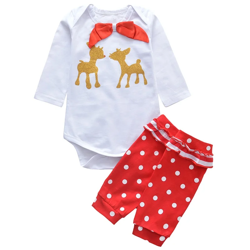 

Spring Autumn Casual Fashion Baby Cartoon Printing Romper And Polka Dot Trousers Kids Two-piece Outfit Set