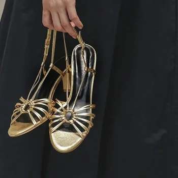 

MLJUESE 2020 women sandals p-atent leather Rome style gold color open toe high heels beaches sandals party size 40