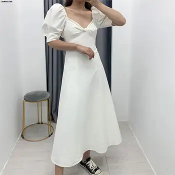 

2020 summer new brandDress A-line Summer Puff Sleeve Preppy Style Short V-neck Solid Natural Ankle-length