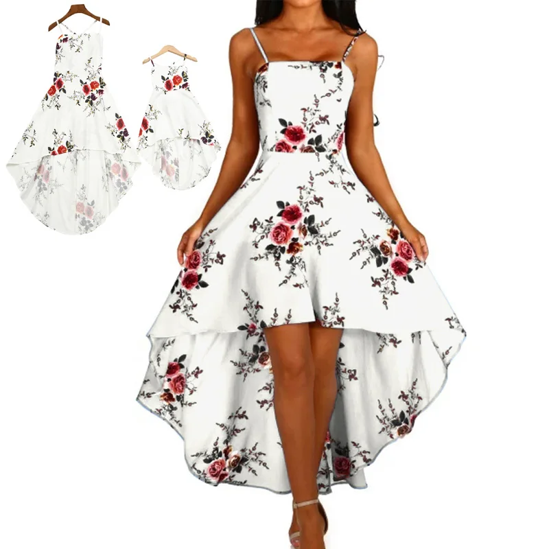 New Family Matching Dress Long Backless White Printing Floral Full Dress Conjuntos Mama Hija Mother Daughter Dresses Family Look