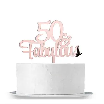 

50 & Fabulous Wedding Cake Topper Mirror Rose Gold 50th Birthday Party Cake Decorations Cheers to 50 Years Cake Topper