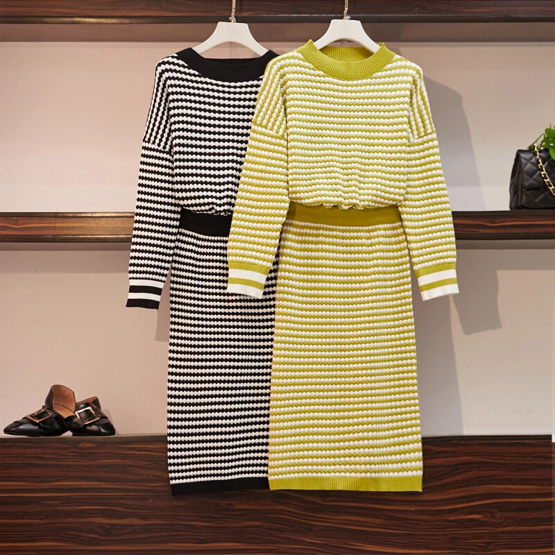 

JSXDHK Women Oversize 2 Piece Set Fashion Autumn Winter Black /Green Plaid Knitted Loose Pullover And Bodycon Pencil Skirt Set