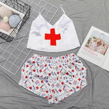 

Suphis Medical Sign Pattern Sleeveless Sexy Sleepwear Women Two Piece Sets Satin Pajamas V Neck Print Pajama Lounge Wear Summer
